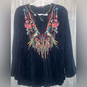 Johnny Was peacock floral embroidered blue boho blouse size small